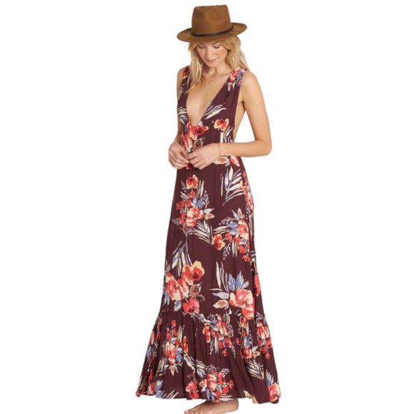 Pacsun Billabong Awoke For The Waves Marron Red Floral Ruffled Halter Maxi Dress - Picture 2 of 11